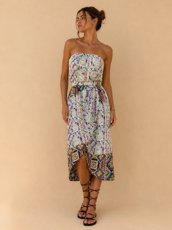 charlie jade Dresses & Skirts - Charlie Jade Mosaic Print 100% Silk Strapless Side Tie Dress, SZ S NWT